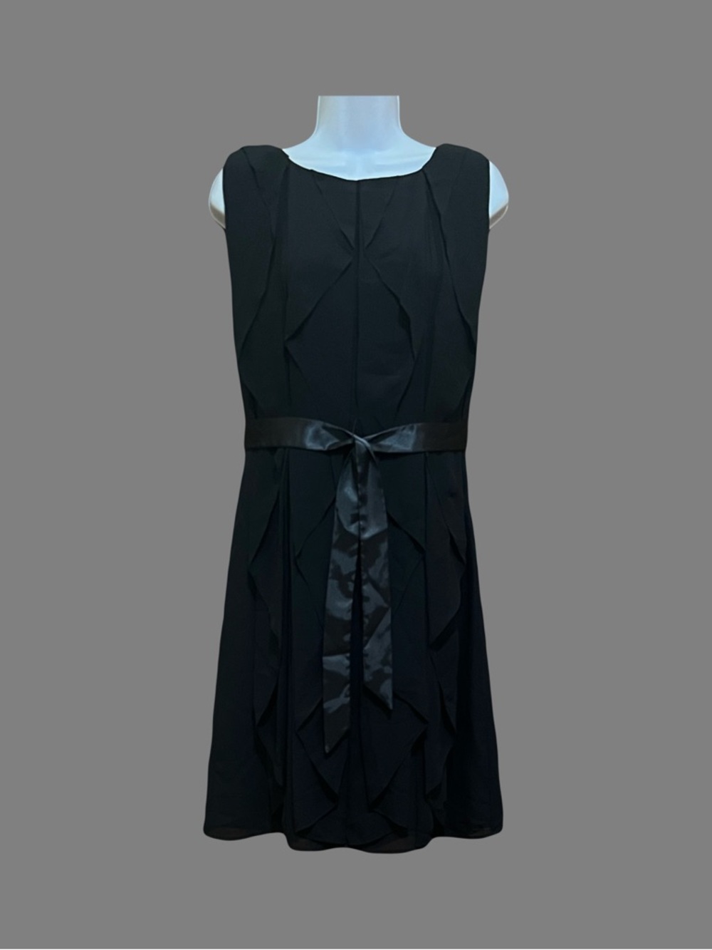 Calvin Klein Black Sleeveless Pleated Mini Dress with Satin Waist Tie